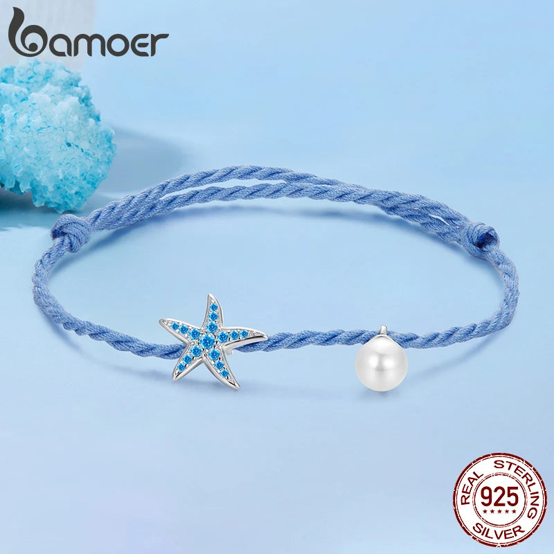 BAMOER 925 Sterling Silber Seestern-Perlenarmband, verstellbare Länge, Boho-Stil, Partyschmuck, Geburtstagsgeschenk für Frauen