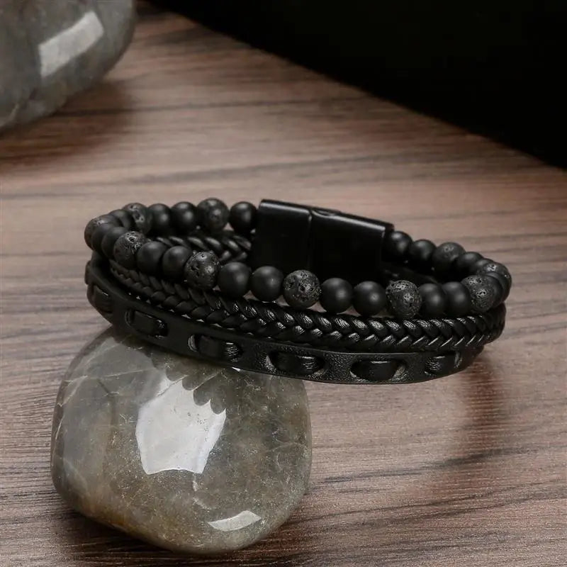 2023 New Men Bracelet Multilayer Leather Bracelet with Natural Stone Beads Punk Jewelry Stainless Steel Magnetic Clasp Bangles