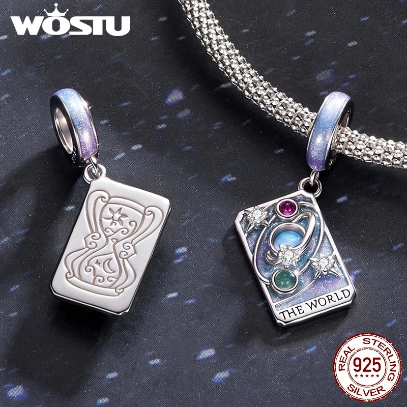WOSTU 925 Sterling Silver Tarot Card Charm Pendant For Women Multi Color S925 DIY Beads Fit Original Bracele Neck Jewelry Making