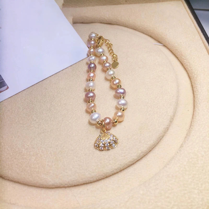 OXTAO Daily Wear Natural Cultured Freshwater Pearl Shell Charm Bracelet 4K Gold Filled Exquisite Birthday Jewelry Gift