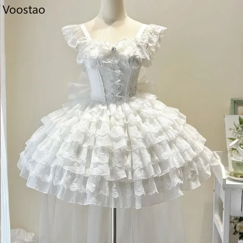 Japanese Kawaii Lolita Jsk Dress Elegant Women Sweet Bow Lace Ruffles Wedding Princess Mini Dresses Girls Gothic Y2k Party Dress