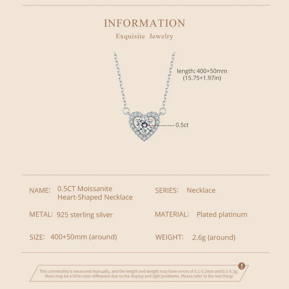 BAMOER 925 Sterling Silver Heart Moissanite Pendant Necklace 0.5CT D Color Brilliant Round Cut Lab Created Diamond for Women
