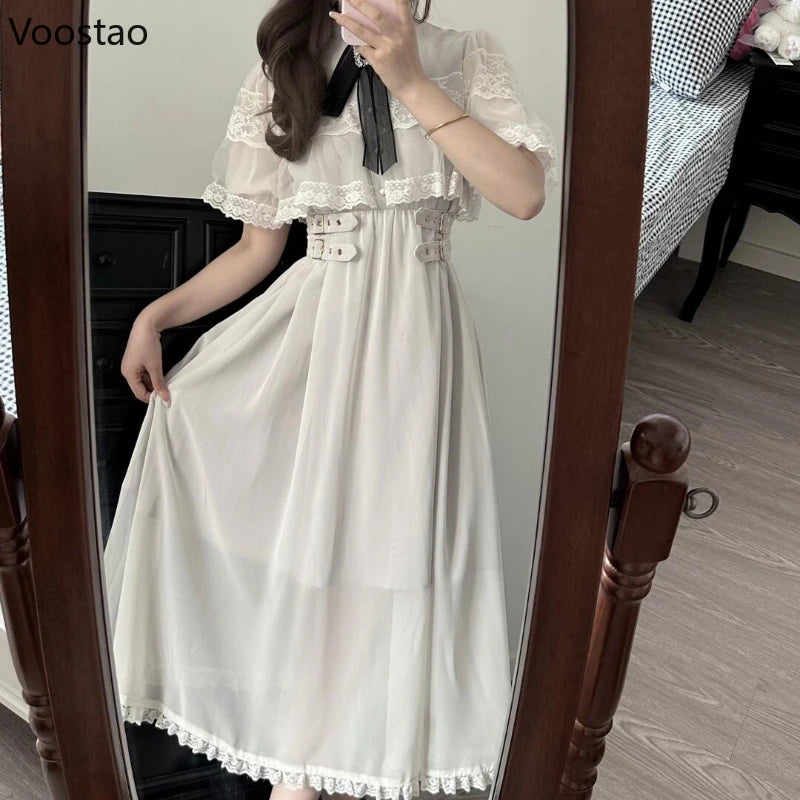 Japanese Style Gothic Y2k Lolita Rhinestone Bow Dress Sweet Women Lace Cape Short Sleeve Slim Party Dresses Elegant Fairy Dress