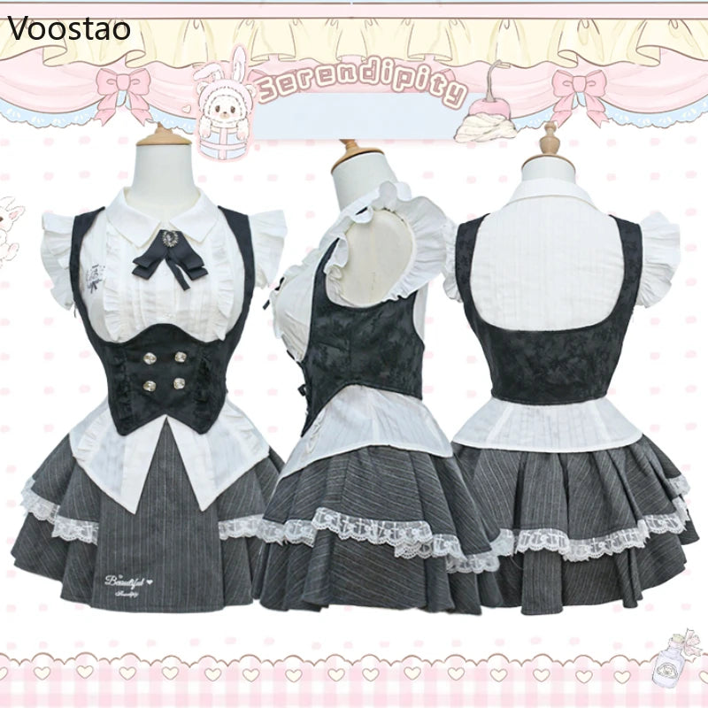 Y2k Vintage 3 Piece Set Women Preppy Style Gothic White Shirt Vest Mini Cake Skirt Suit Female Korean Fashion Elegant Outfits