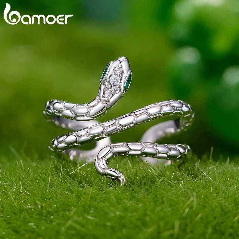 BAMOER White Gold Plated Snake Ring with Emerald CZ Eye, Adjustable Statement Ring for Women Unique Snake Design Jewelry YIR245 - Madeinsea©