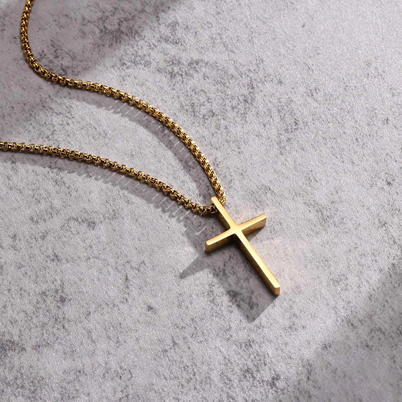 Vnox Mens Cross Necklaces, Stainless Steel Layered Plain Cross Pendant, Rope Box Chain Necklace, Simple Prayer Jesus Collar