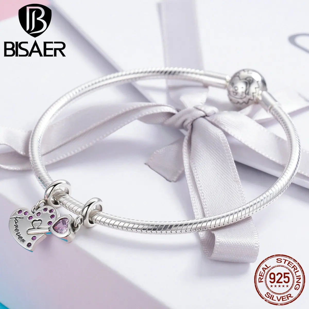 BISAER 925 Sterling Eternal Love Charm Bead A Pair of Heart Locks Pendant Fit Couple Friends DIY Bracelet Necklace Fine Jewelry