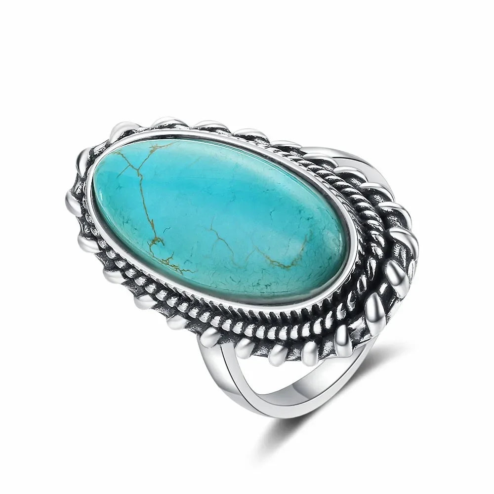 Vintage Sterling Silver 925 Big Stone 11*25mm Natural Turquoise Ring Retro Design Fine Jewelry Gifts Finger Ring For Women