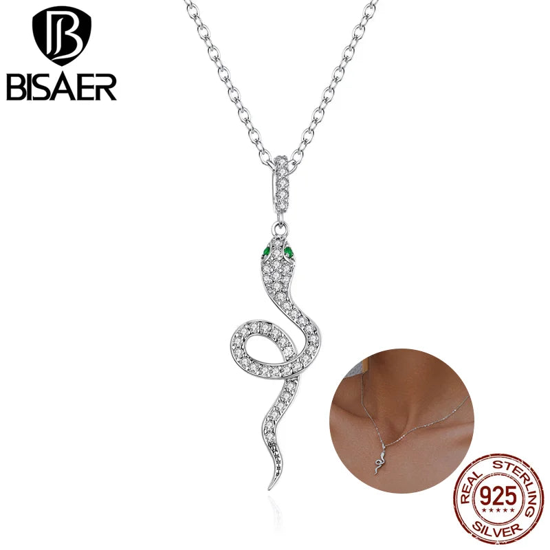 BISAER 925 Sterling Silver Snake Necklace Pendant Pave Setting Zircon Plated Platinum for Women Adjustable Chain Fine Jewelry