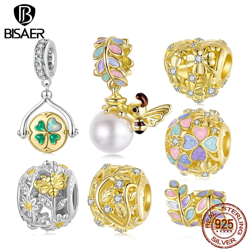 BISAER 925 Sterling Silver Four-Leaf Clover Charm Colorful Autumn Leaves Pendant Plated Gold for Women DIY Bracelet Fine Jewelry