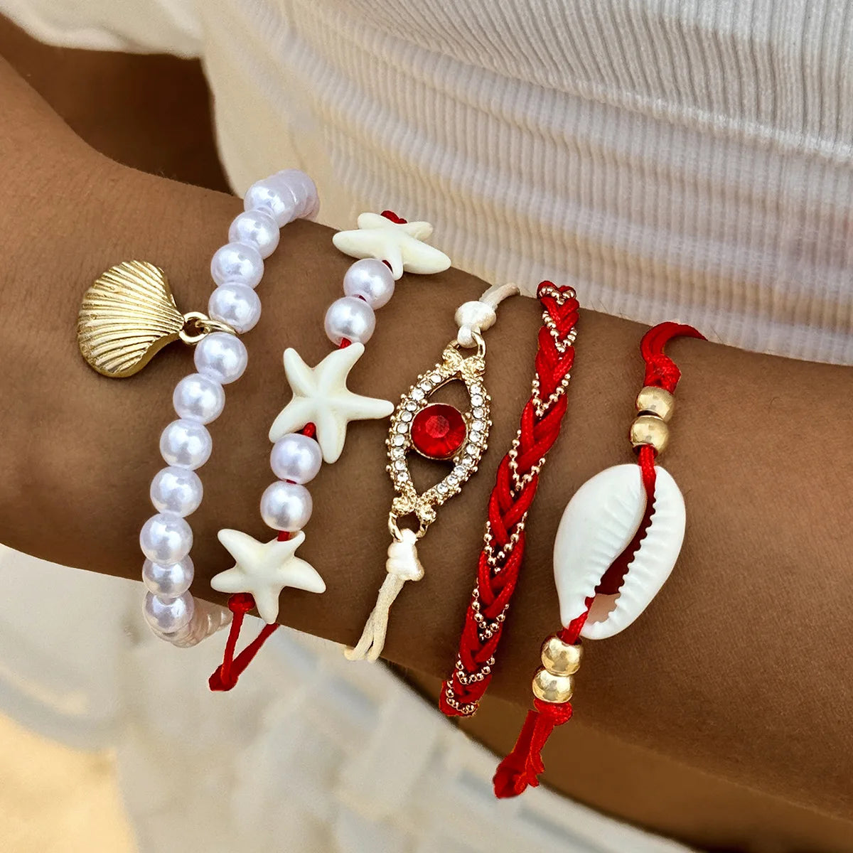 5Pcs Bohemia Shell Starfish Bracelet Set For Women Imitation Pearl Evil Eye Multilayer Beaded Bangles Sand Beach Party Jewelry