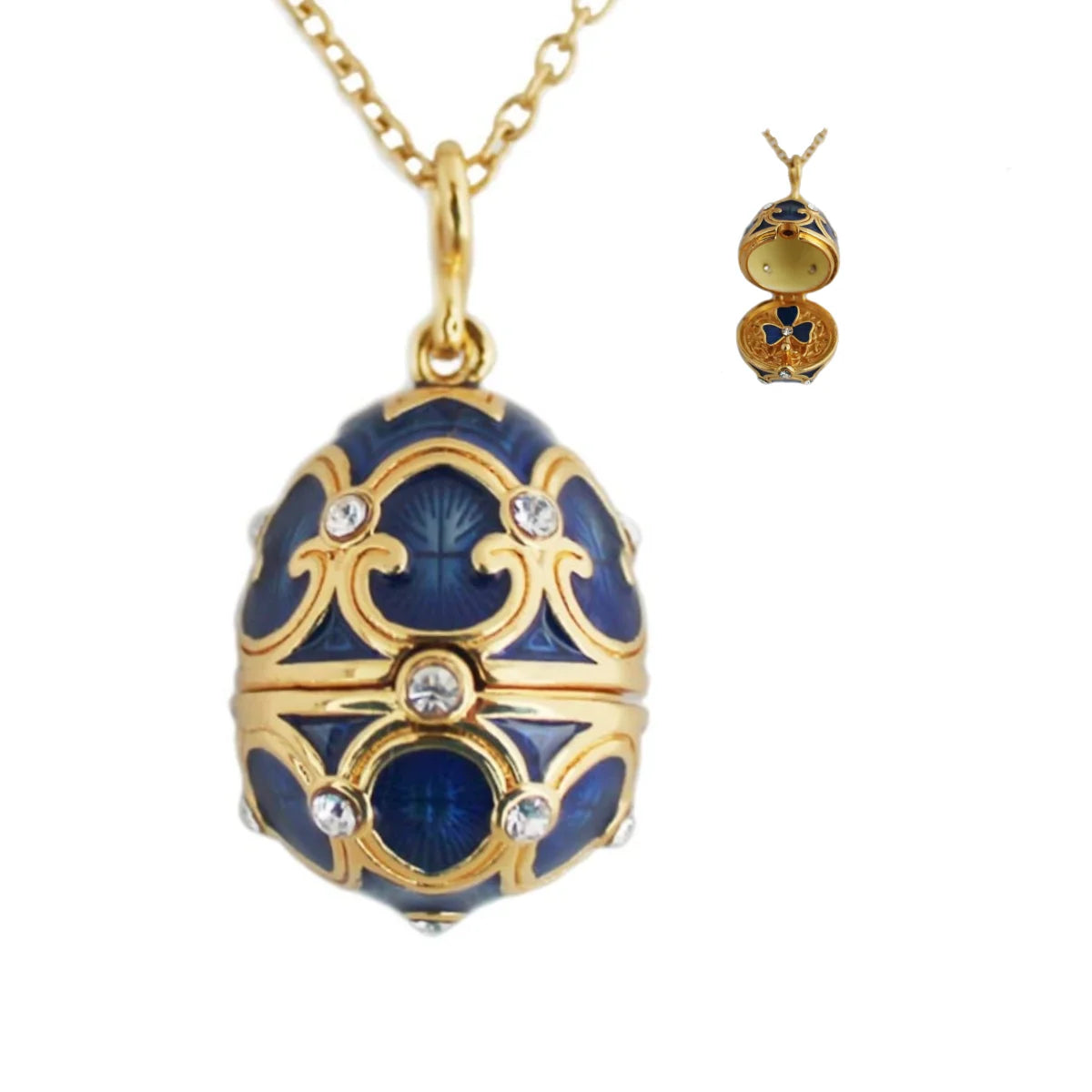 Collier pendentif œuf de Pâques Fabergé en émail fait à la main, médaillon en laiton, vintage, cristal, trèfle à l'intérieur, cadeau pour femmes et filles