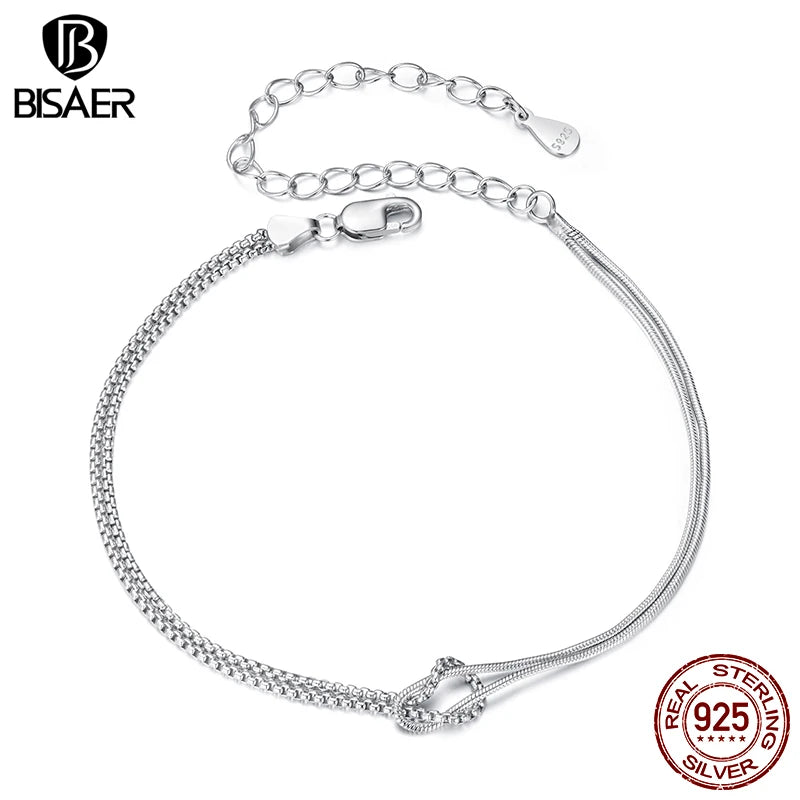 BISAER 925 Sterling Silver Crossed Bracelet Double Layer Adjustable Chain Plated White Gold for Women Wedding Fine Jewelry Gift