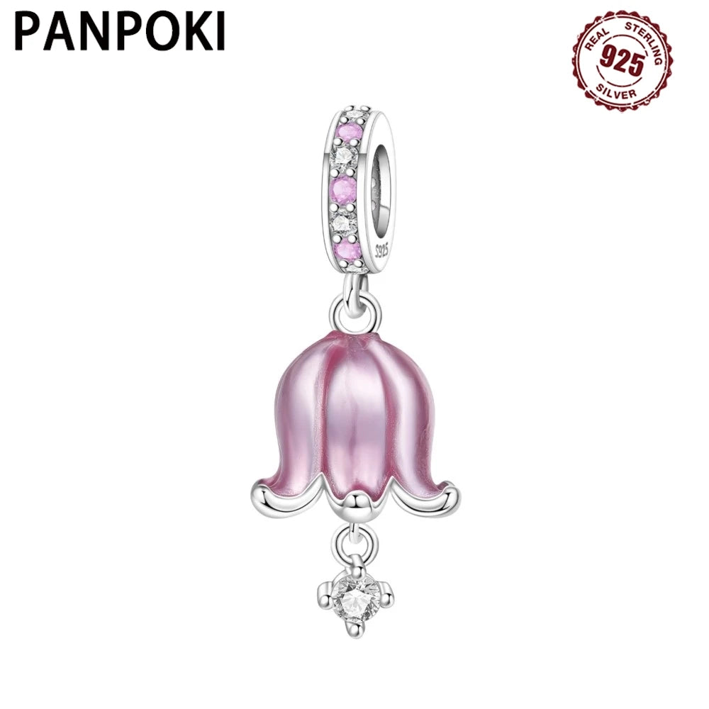 PANPOKI 925 Sterling Silver Pink Orchid Wind Chime Pendant Beads Original Pendants Bracelet Charm Jewelry Party DIY Gifts