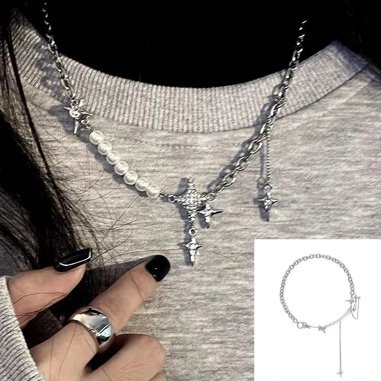 Y2K Retro Kpop Silver Color Pendant Necklaces For Women Gothic Zircon Heart Cross Tassel Necklace Punk Clavicle Choker Jewelry