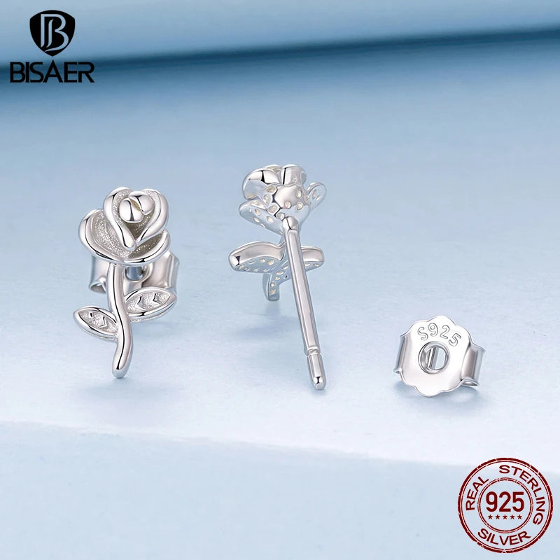 BISAER Autumn Flowers Stud Earrings 925 Sterling Silver Yellow Enamel Process Stud Ear for Women Party Fine Jewelry Gifts