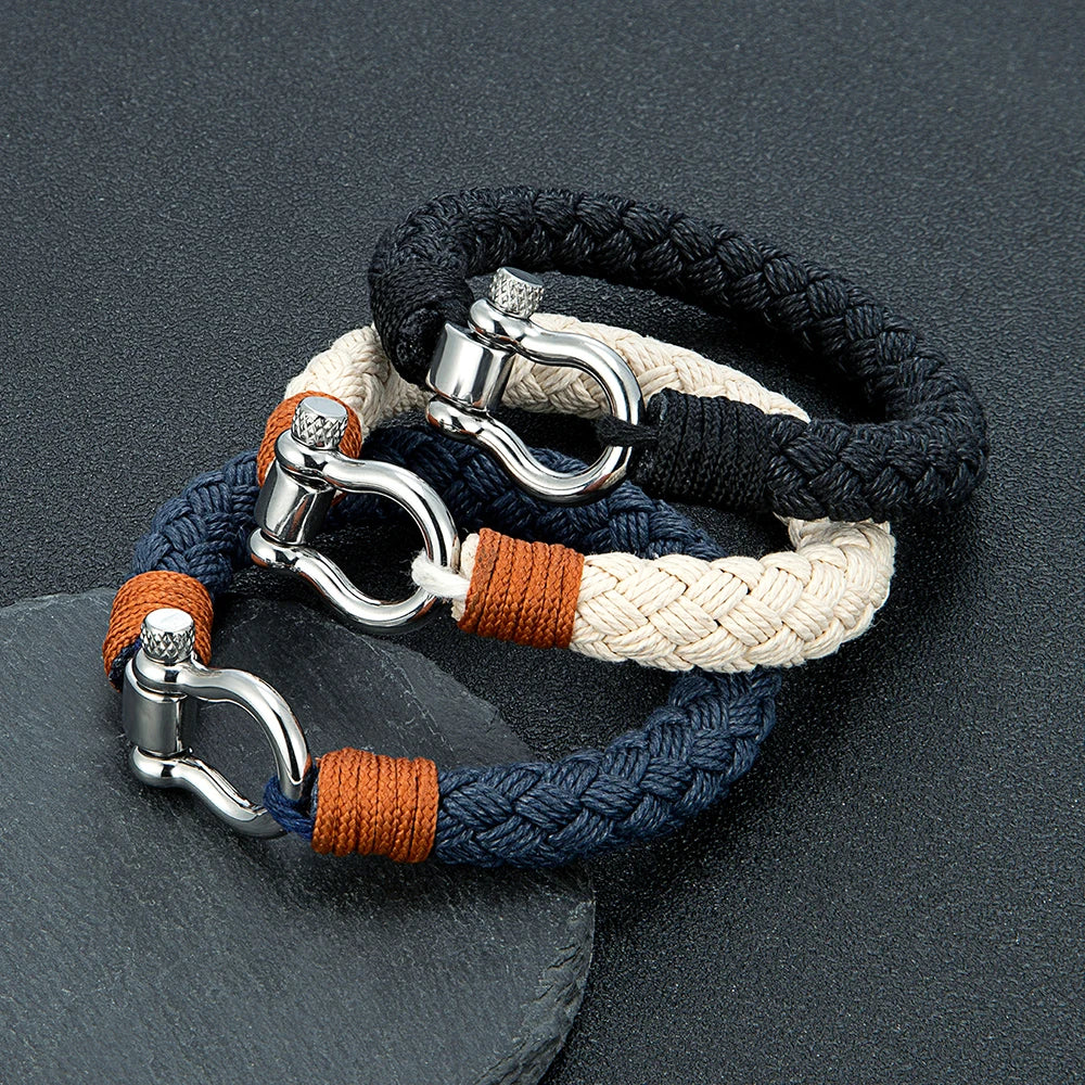 MKENDN Navy Style Wide Rope Bracelet Luxury Men Stainless Steel Shackle Buckle Wrap Bangles Handmade Jewelry Gift