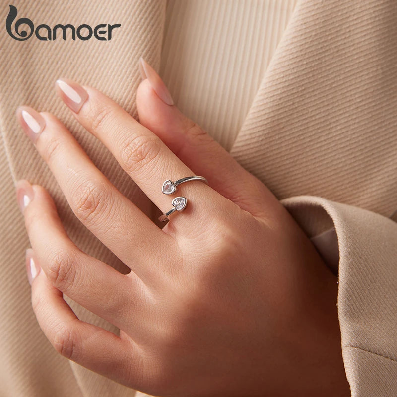Bamoer 925 Sterling Silver Double Heart Arrow Open Ring Adjusable Promise Zircons Ring for Women Teens Minimalist Daily Gift