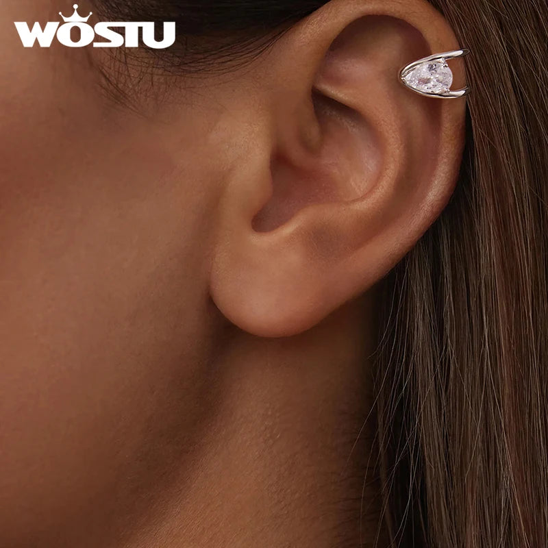 WOSTU 925 Sterling Silver Original Ear Cuff with Large Solitaire Pear Zirconia, Helix Ear Cuff for Women Elegant Dainty Gift