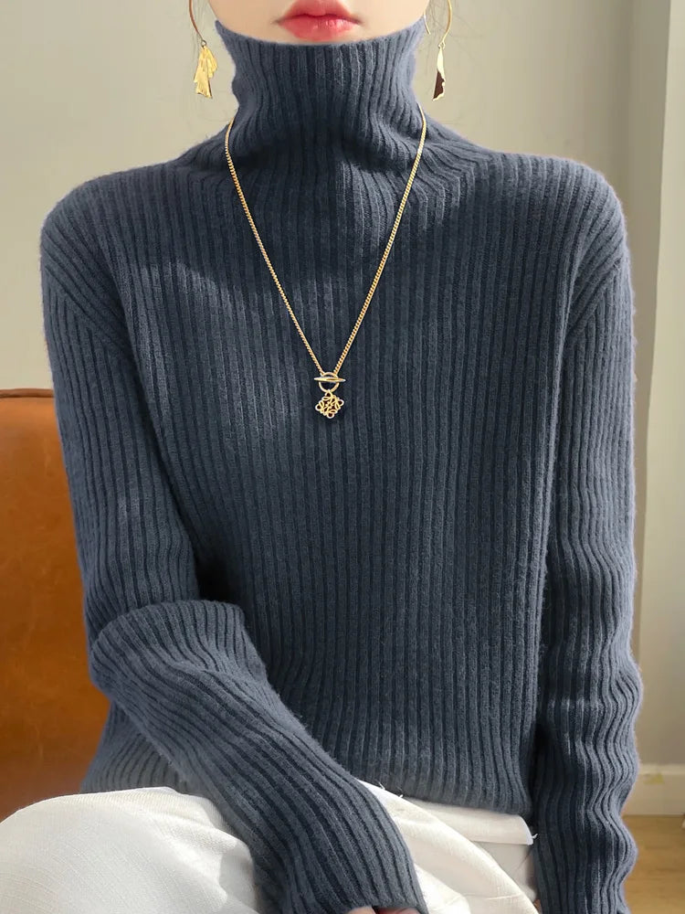 Women 100% Merino Wool Sweater Turtleneck Knitted Vertical Stripes Pullover Autumn Winter Thickened Cashmere Casual Knitwear Top