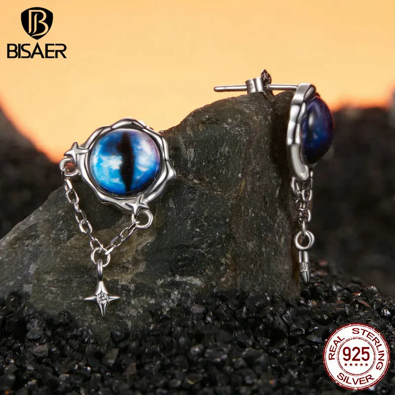 BISAER Boucles d'oreilles à tige en argent sterling 925 véritable avec œil du diable bleu et pampilles en forme d'étoile plaquées or blanc pour femme, bijoux fins de fête