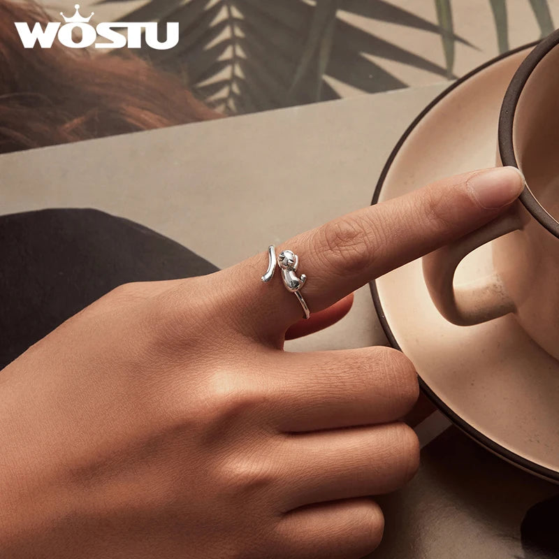 WOSTU 925 Sterling Silver Love Cut Cat Pet Opening Ring For Women Solid s925 Animal Adjustable Rings Gift For daughter Faimly