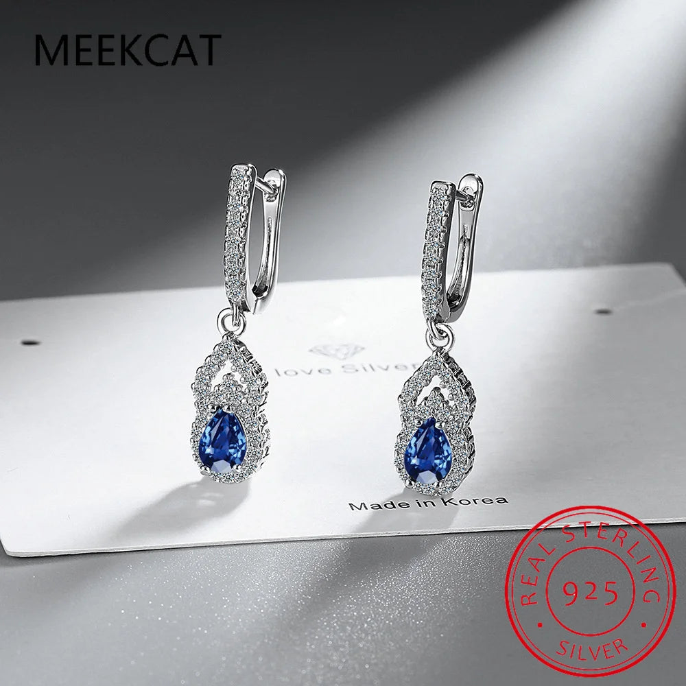 Pear Cut Blue Sapphire 925 Sterling Silver Water Drop Earrings for Women Gemstone Fine Jewelry Birthday Gift