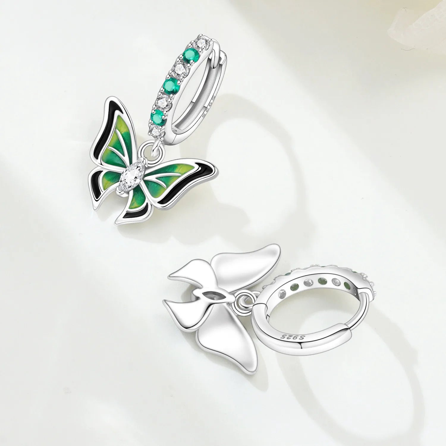 PANPOKI 925 Sterling Silver Green Butterfly Insects Earrings Original Jewelry Drop Earrings Jewelry Party Anniversary Fine Gift