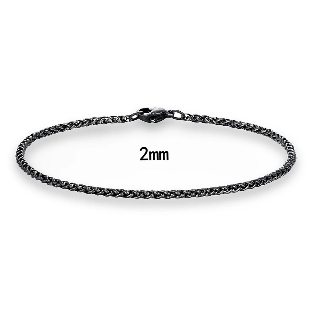 MKENDN Thickness 2/3/4/5/6mm Vintage Oxidized Black Wheat Braided Stainless Steel Bracelet Classic Curb Link Chain for Men Women