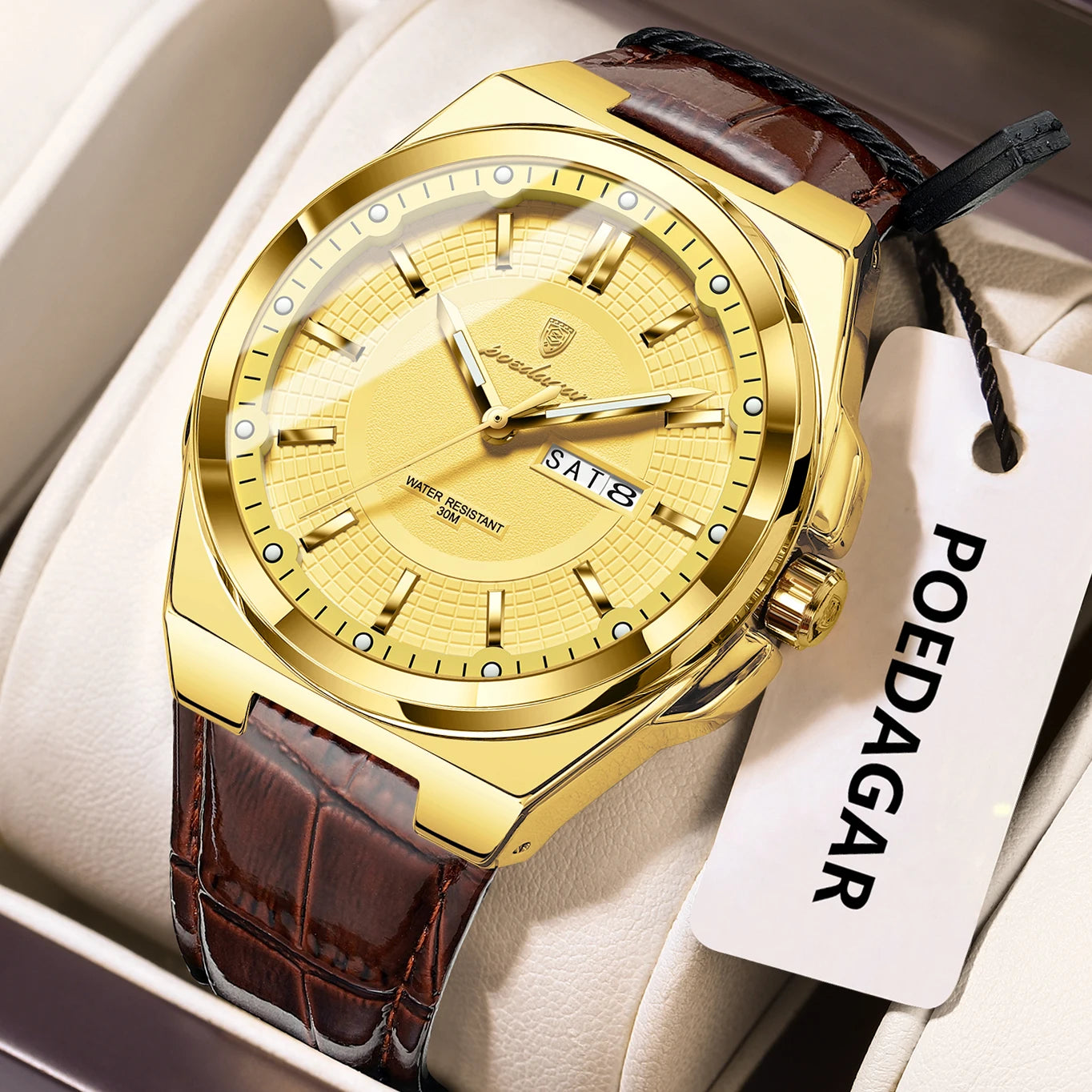 POEDAGAR Luxury Original Man Wristwatch Waterproof Luminous Date Week Quartz Men's Watches High Quality Casual Leather Men Watch