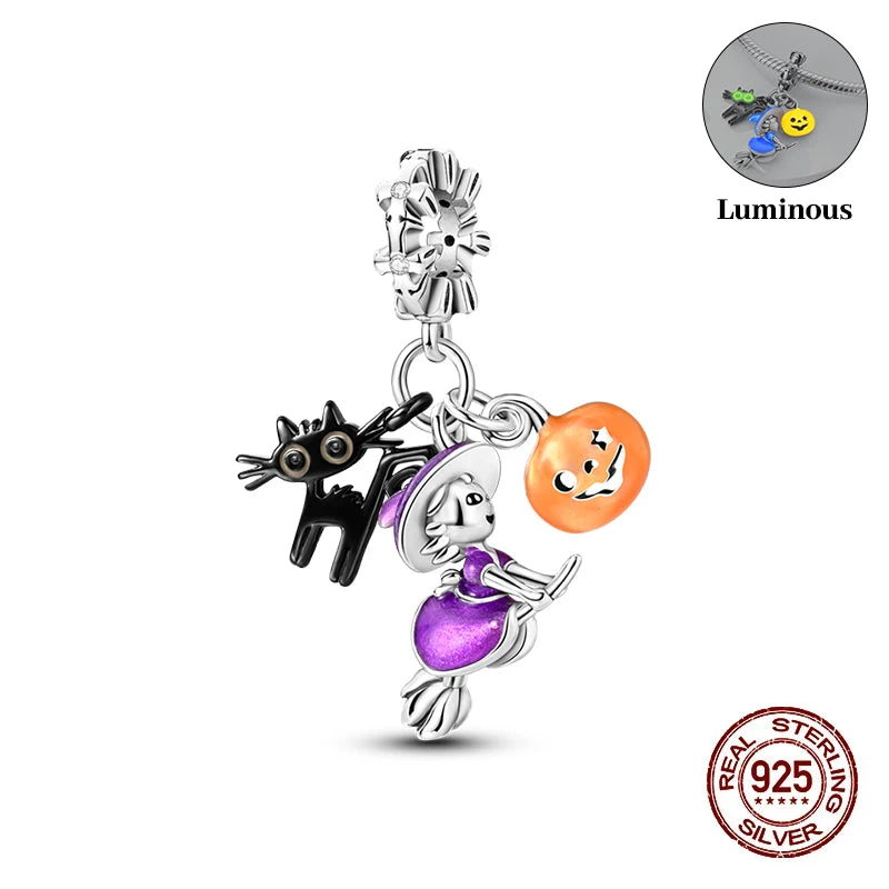 New 925 Sterling Silver Luminous Halloween Skull Witch Pumpkin Candy Charms Beads Fit 3mm Original Bracelets Party Jewelry