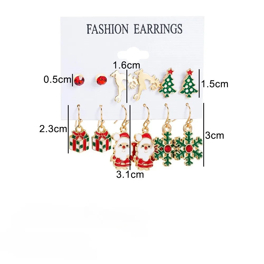 Ensemble de 6 paires de boucles d'oreilles de Noël, motif dessin animé dégoulinant d'huile, élan, Père Noël et sapin de Noël pour femmes