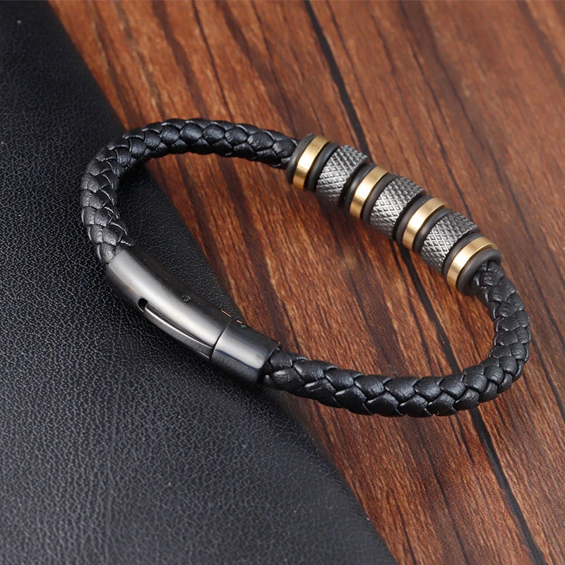 Simple Fashion Jewelry Waterproof Gold Plating Stainlees Steel Genuine Leather Bracelet Wholesale