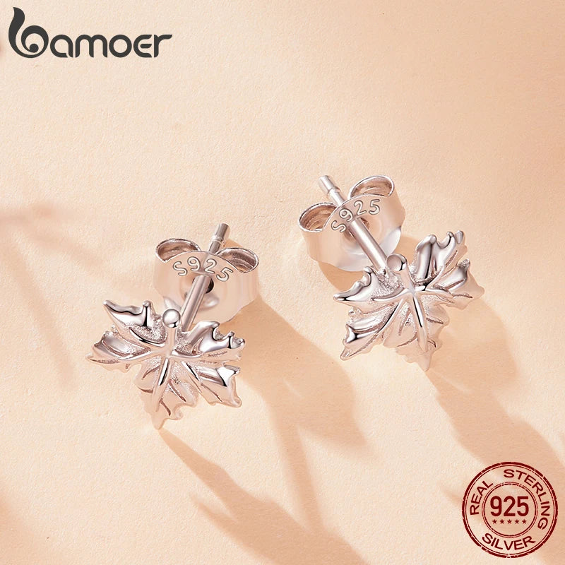 BAMOER 925 Sterling Silver Falling Maple Leaves Stud Earrings For Women , Autumn Themed Flower Leaf Shape Piercing Earrings
