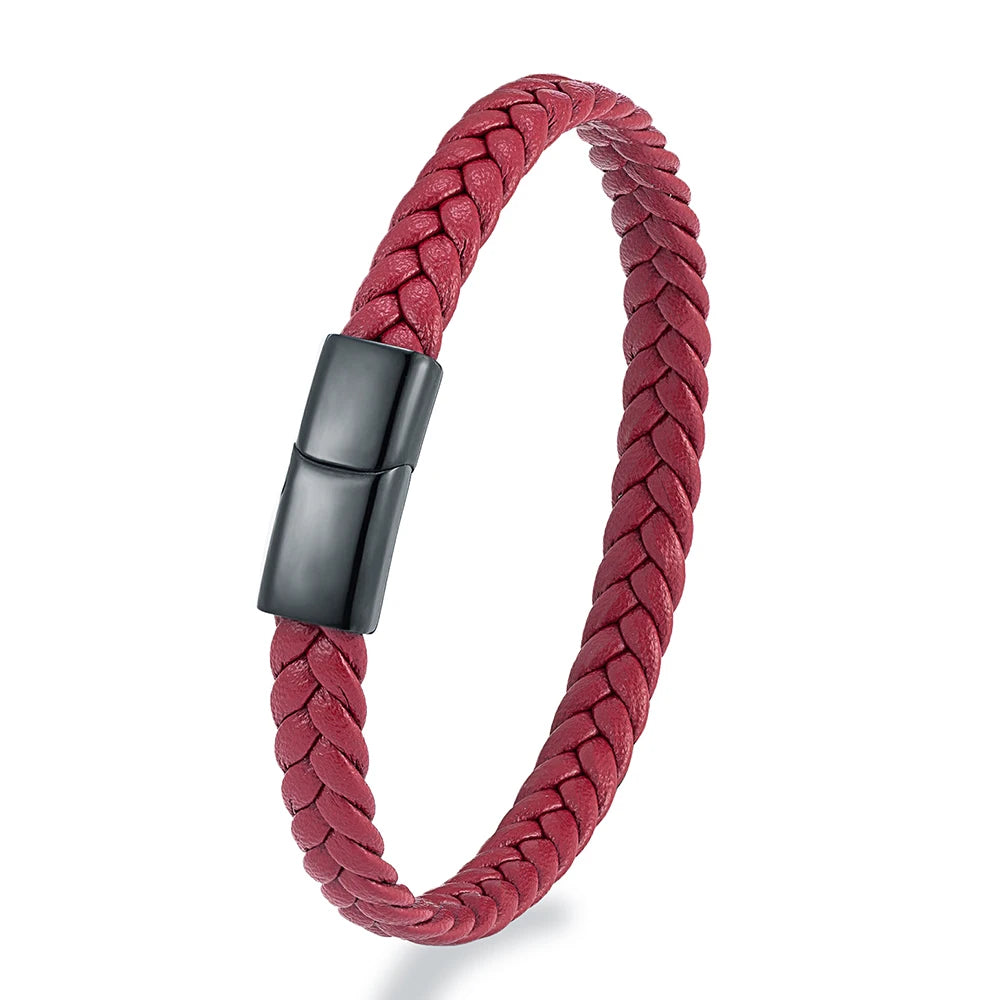 MKENDN Simple Classic Stainless Steel Bracelet for Women Men Genuine Braided Leather Bangles Special Couple Jewelry Gift