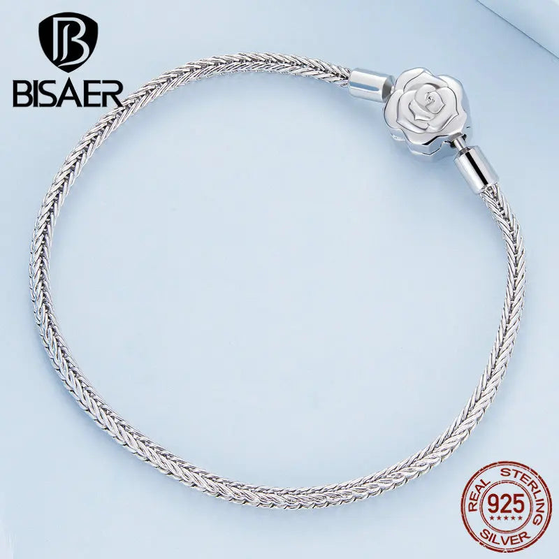 BISAER 925 Sterling Silver Rose Basic Bracelet Fox Tail Chain Plated White Gold For Bangle DIY Charm Bead Original Fine Jewelry