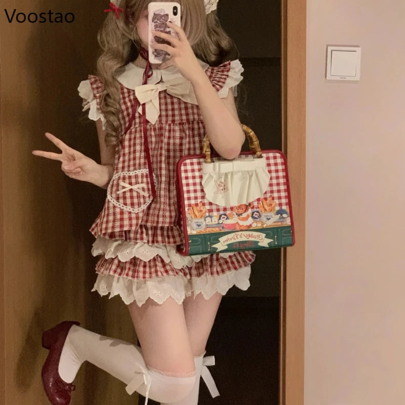 Kawaii Lolita Style Sweet 2 Piece Set Woman Cute Peter Pan Collar Plaid Blouse Tops Y2k Mini Skirts Female Korean Fashion Suit - Madeinsea©