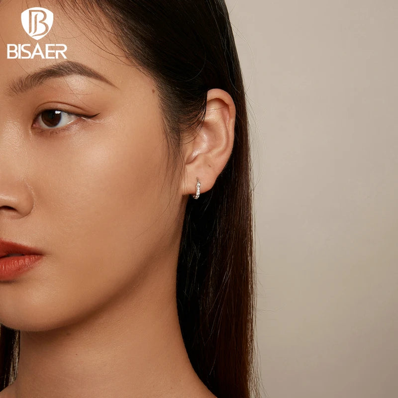 Boucles d'oreilles créoles en forme de cœur en argent sterling 100 % 925 BISAER avec sertissage pavé en zircon plaqué platine pour femmes OL Party Fine Jewelry