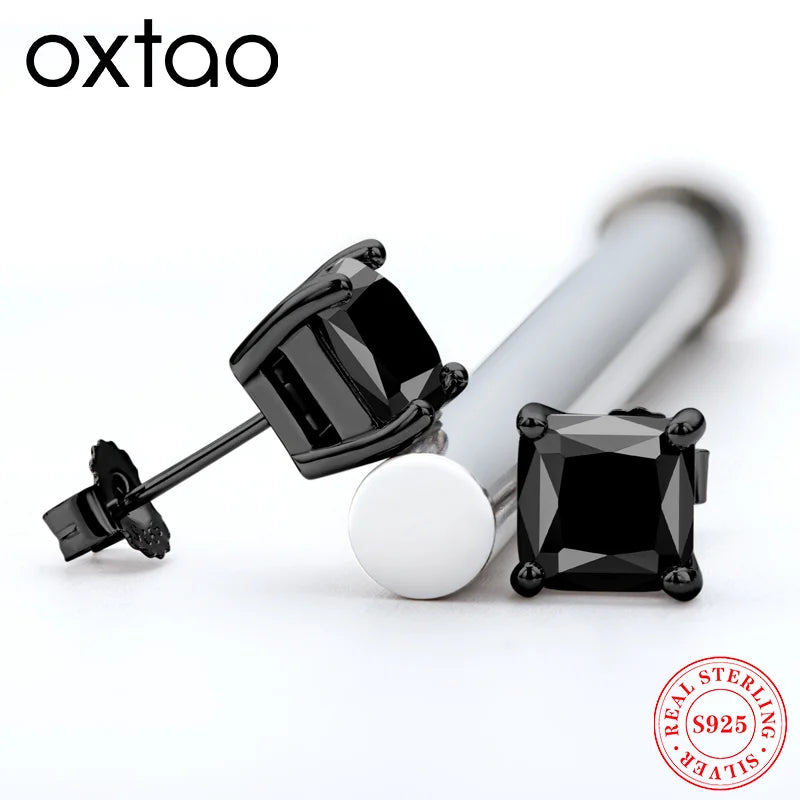 6x6mm Princess Cut Natural Black Onyx Ear Stud Classic 925 Silver Black Earrings for Fashion Men Women Party Fine Jewelry Gift