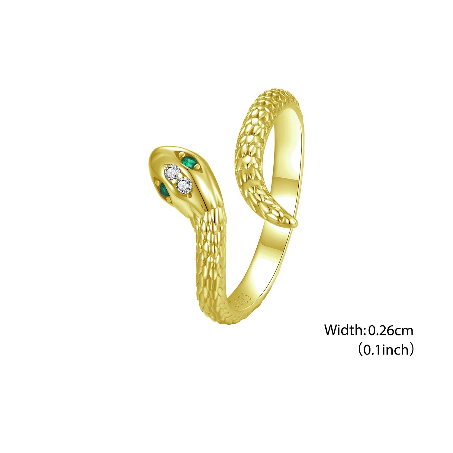 BISAER 925 Sterling Silver Viper Open Ring Size 5-9 Snake Green Zircon Eternity Band Plated Gold for Women Party Fine Jewelry