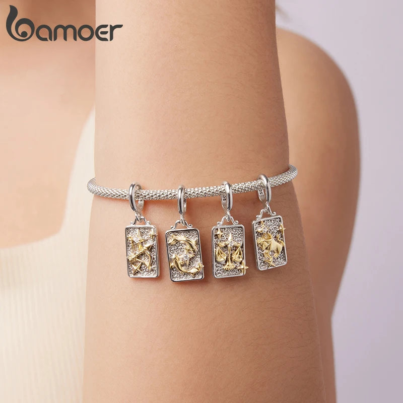 BAMOER 925 Sterling Silver Two-tones Constellation Pendant 12 Zodiac Beads for Necklace DIY Birthday Gift Jewelry Accessories