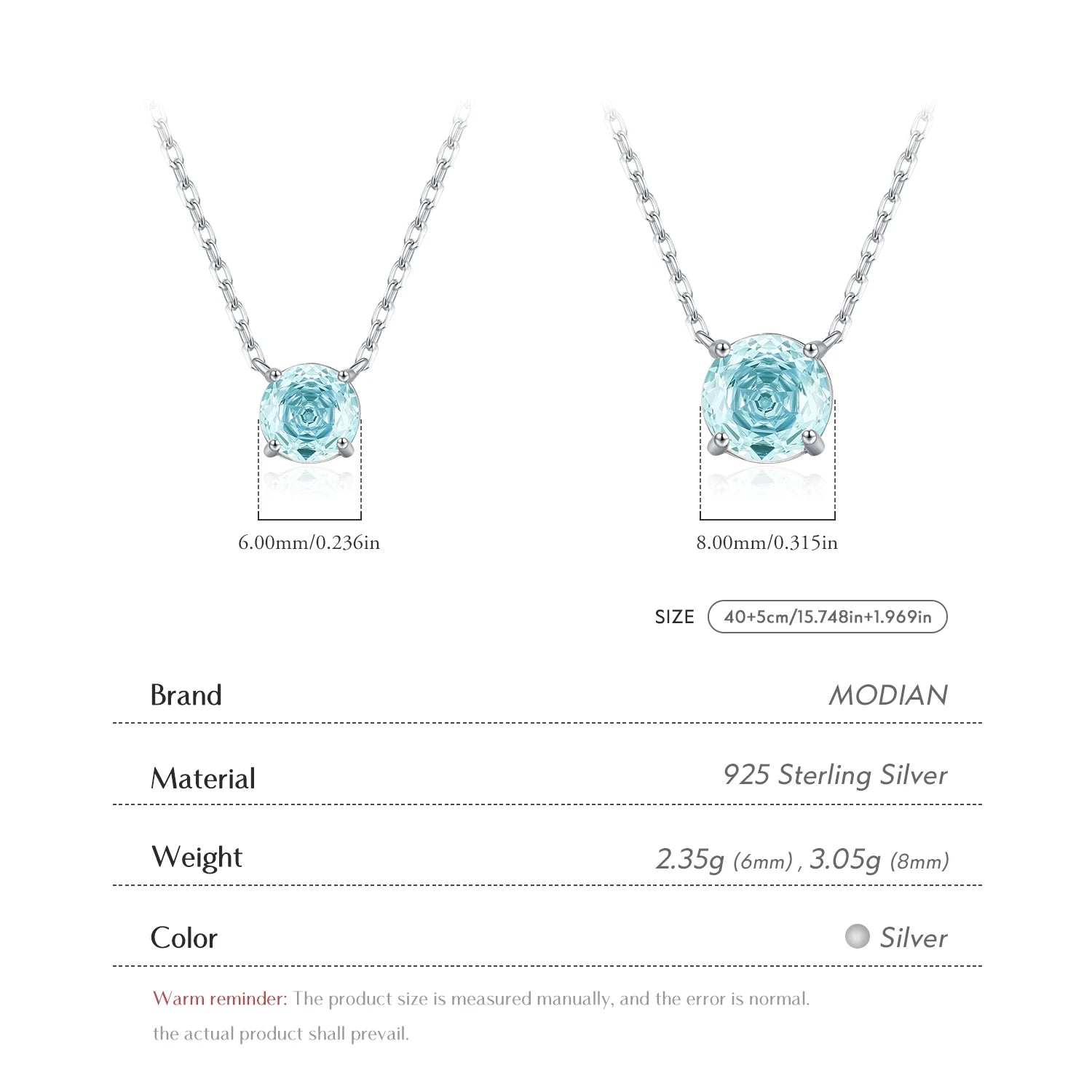MODIAN 925 Sterling Silver 2 Sizes Classic Round Rose Cut Light Sea Blue CZ Pendant Necklaces For Women Fine Jewelry