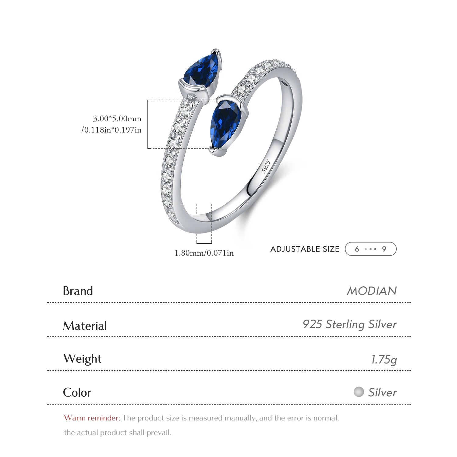 MODIAN 925 Sterling Silver Royal Blue Zirconia Open Size Finger Trendy Snake Shaped Adjustable Rings For Women Fine Jewelry