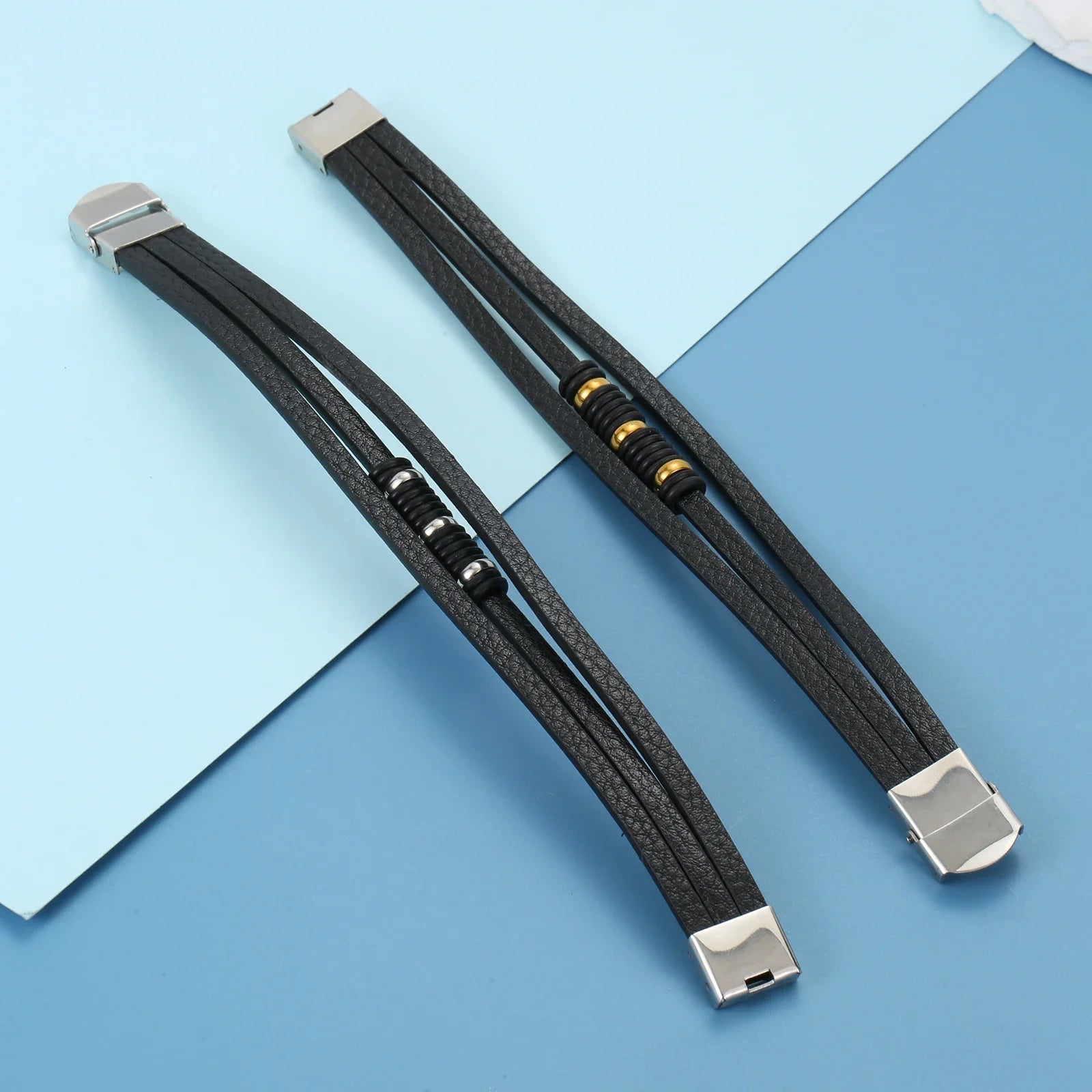 Charm Jewelry Stainless Steel Leather Beads Bracelet Men Vintage Cuff Leather Bracelet Pulsera Hombre