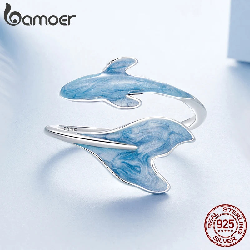 BAMOER 925 Sterling Silver Cute Guppy Ring Stacking Finger Ring, Animals Adjustable Open Rings Birthday Gift BSR674-E