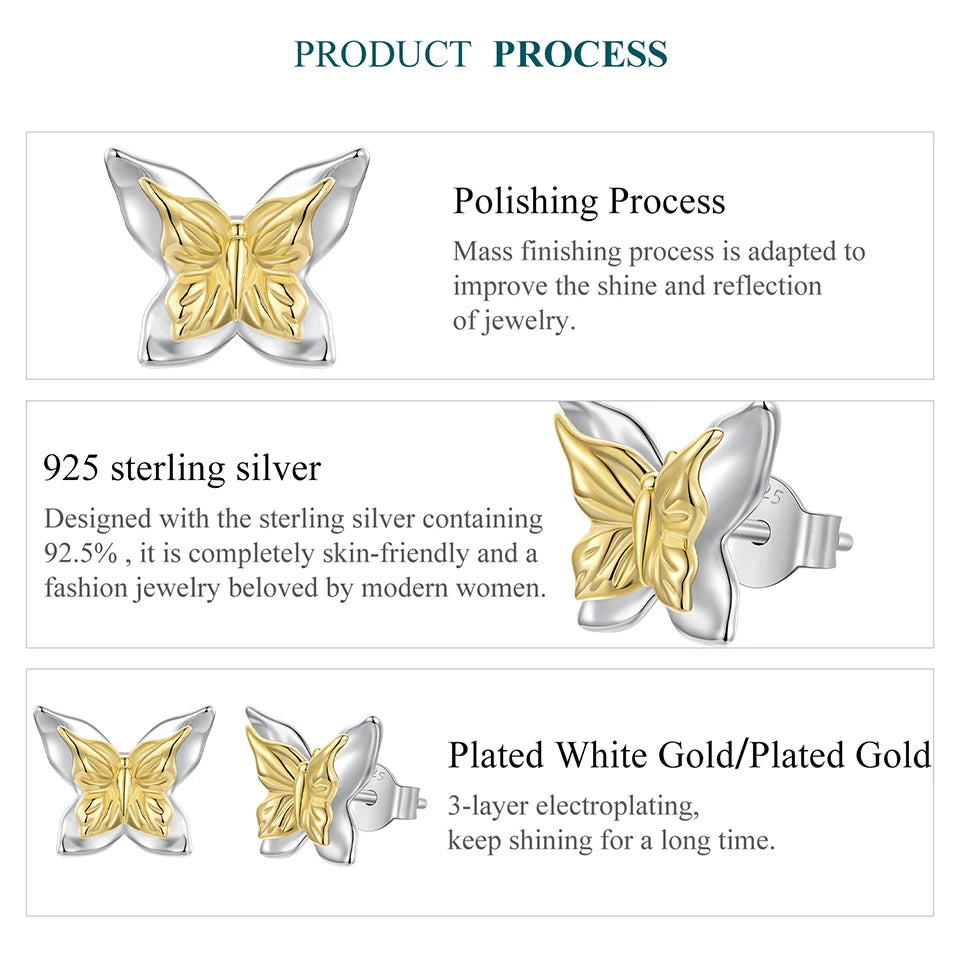 WOSTU Minimalist 925 Silver Butterfly Stud Earrings, Gold Plated Two-Tone Ear Studs Hypoallergenic Cute Gift for Women & Teens