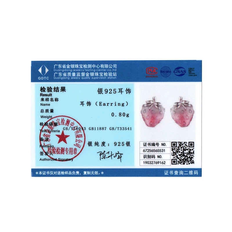 BISAER 925 Sterling Silver Strawberry Stud Earrings Gradient Pink Enamel Stud Ear Plated White Gold for Women Party Fine Jewelry