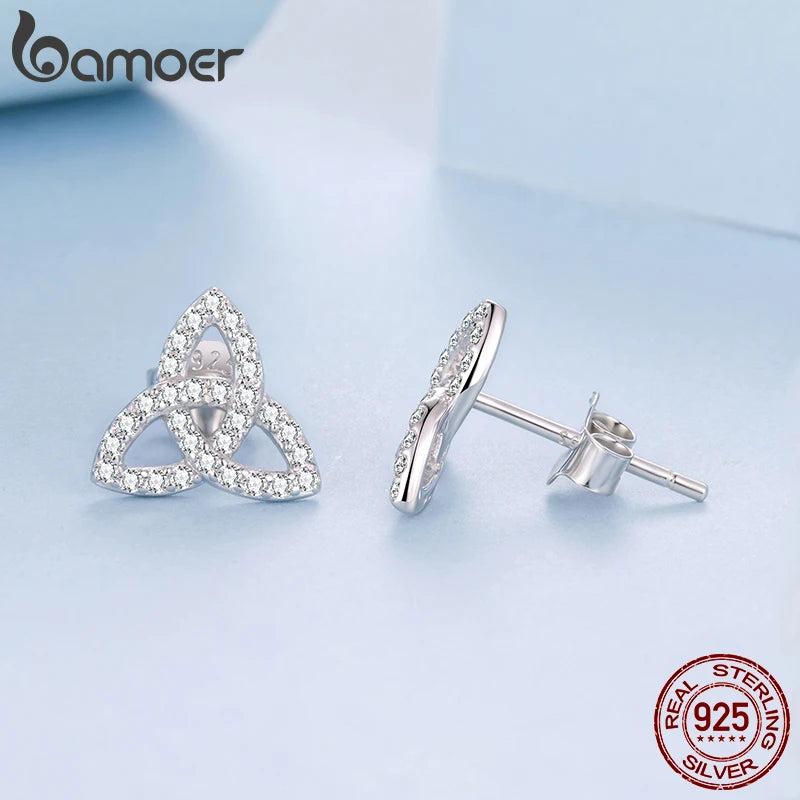 BAMOER 925 Sterling Silver Celtic Knot Stud Earrings, Full CZ Hollowed Piercing Earrings for Women Lover Xmas Promise Gift