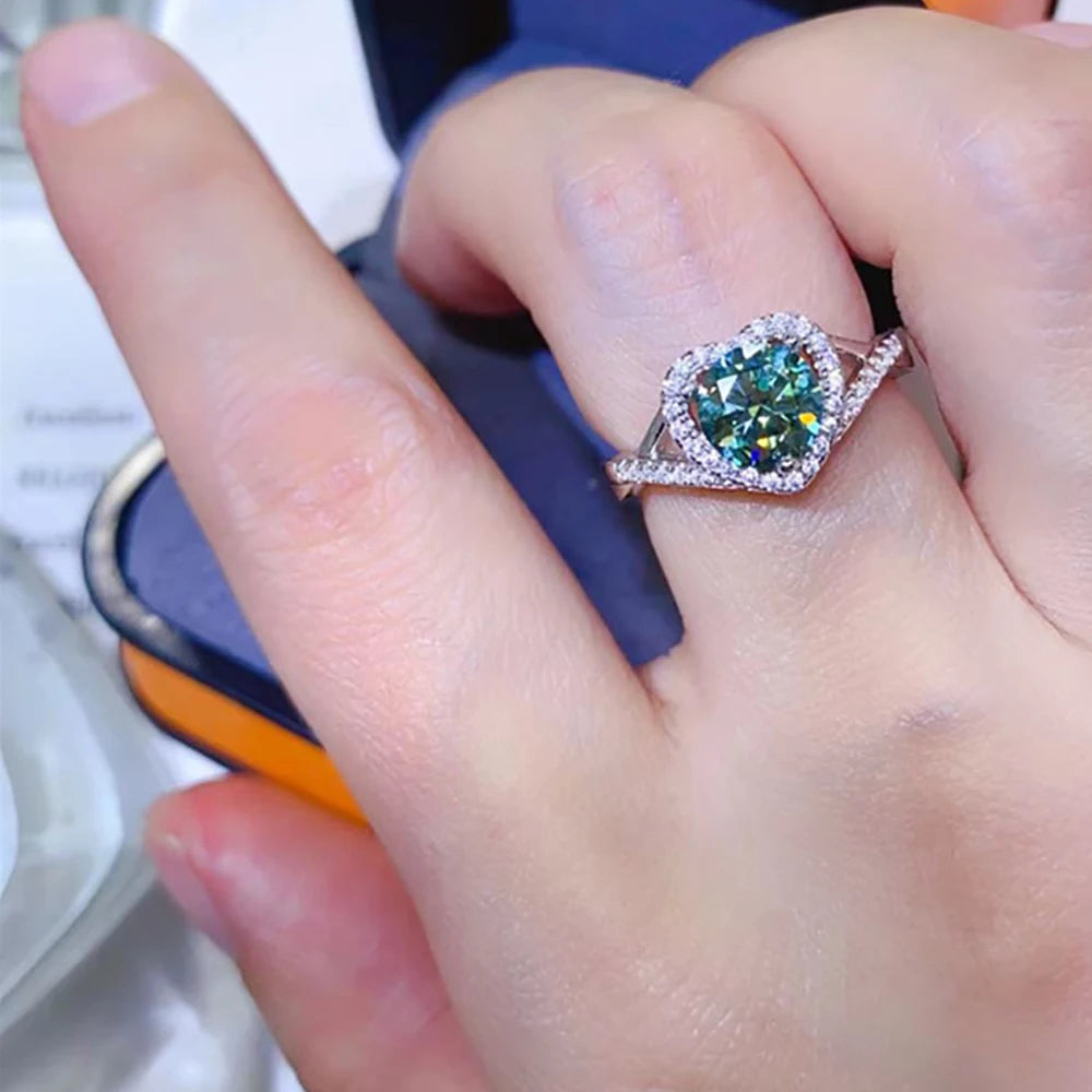 Serenity 1ct Heart Cut Green Moissanite Rings for Women Wedding Bridal 100% Sterling Silver Plated 18K Eternity Ring Jewelry GRA
