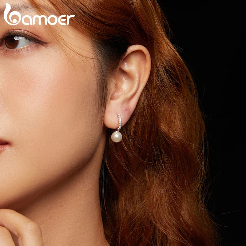 BAMOER 925 Sterling Silver Moissanite Hoop Earrings with Pearl, White Gold Plated Minimalist Hoop Earrings Elegant Jewelry